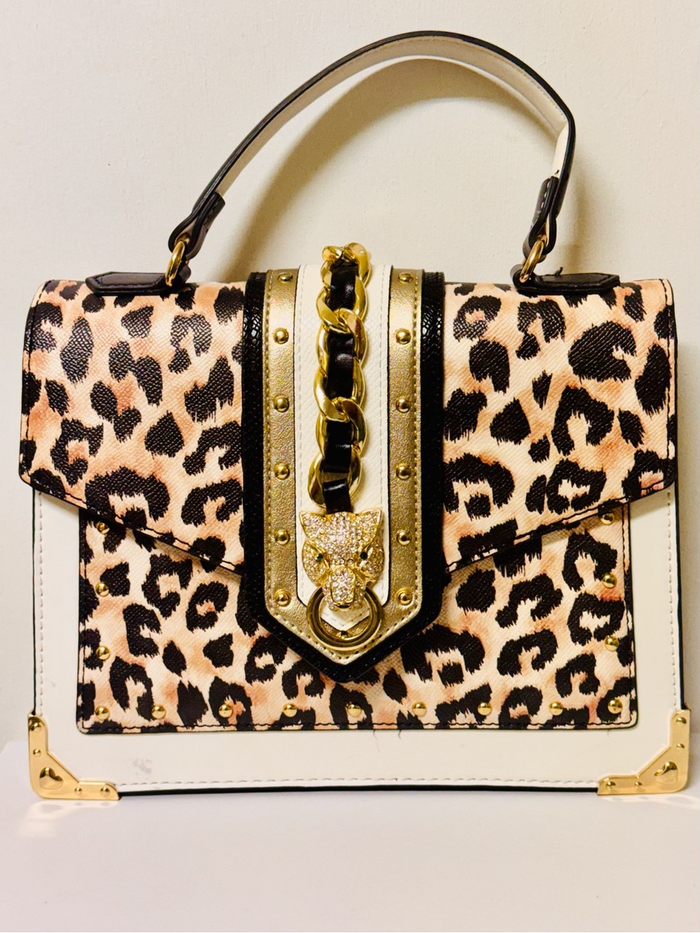 Leopard Print Top-Handle Satchel with Gold Accent